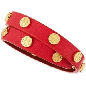 Tory Burch Red Double Wrap Logo Stud Bracelet